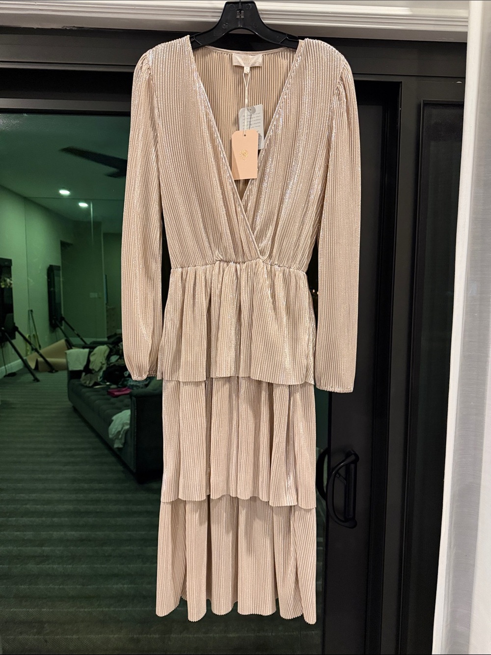 WAYF Champagne Tiered V-Neck Long Sleeve Pleated Shimmery Dress